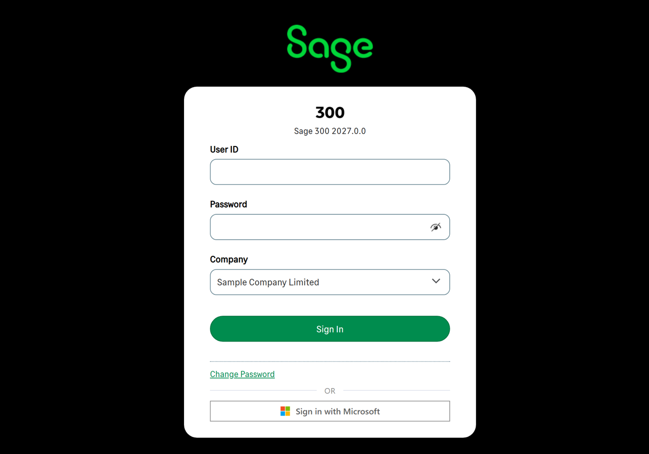 Sage 300 sign-in with a 'Sign in with Microsoft' button added by BeCa IT