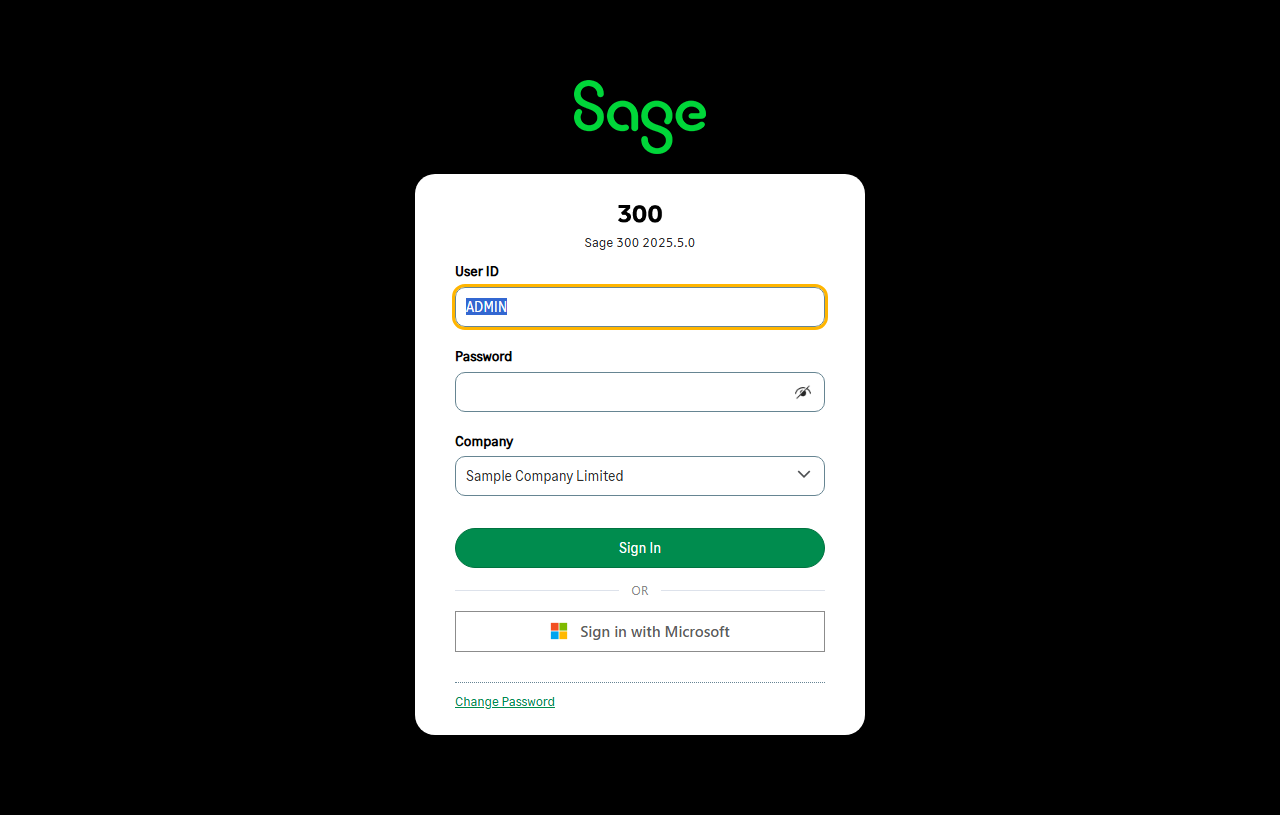 Sage 300 sign-in with a 'Sign in with Microsoft' button added by BeCa IT
