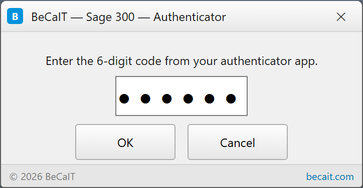 Sage 300 sign-in prompting for a 6-digit code from an Authenticator app